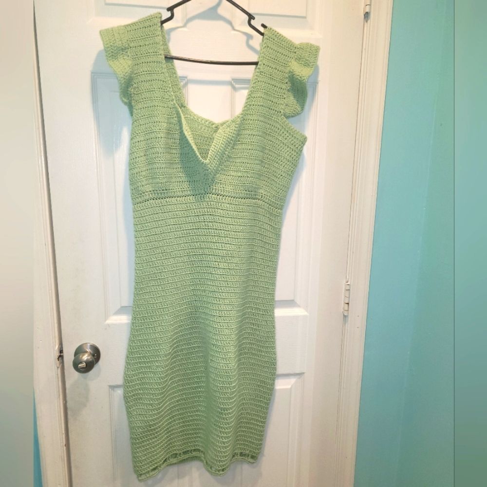 Mint Crocheted midi dress,  Women's sz L, handmade.